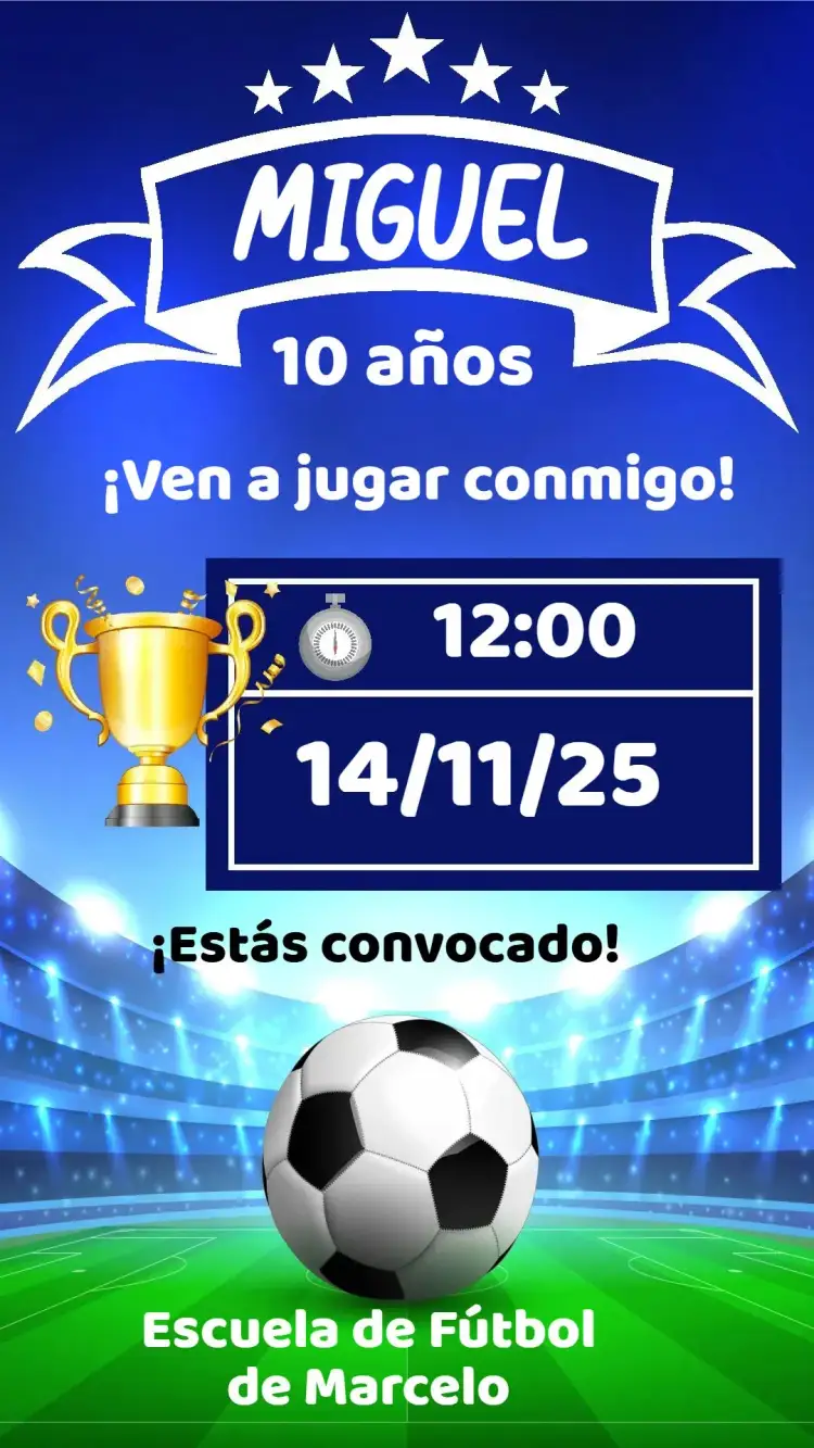 Invitación Fútbol – tema Cumpleaños verde y amarillo, estilo deportivo, elementos gráficos de fútbol, diseño moderno, colores vibrantes
