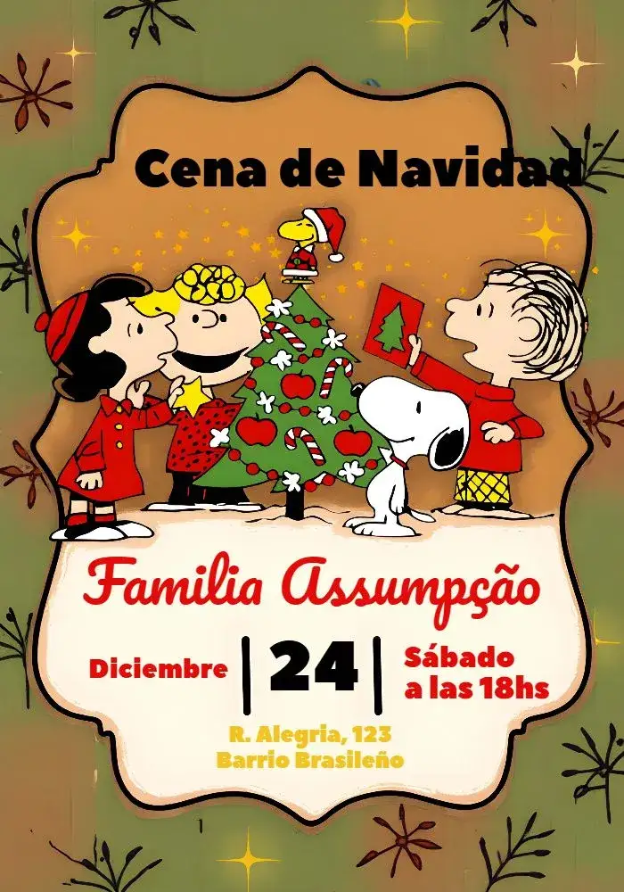 Invitación Cena De Navidad Snoopy Christmas – tema Fechas Conmemorativas rojo, divertido, ilustraciones de Snoopy, navideño, lúdico, festivo
