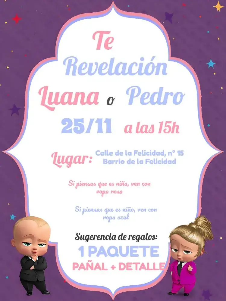 Invitación Baby Boss White Powerful Gender Reveal – tema Revelación Bebé moderno, colorido, elegante, infantil, minimalista, divertido