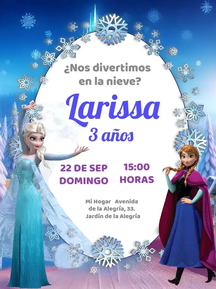 Invitación Frozen Disney – tema Más buscados colores fríos, estilo mágico, elementos de nieve, diseño lúdico, inspirado en princesas, toques de fantasía