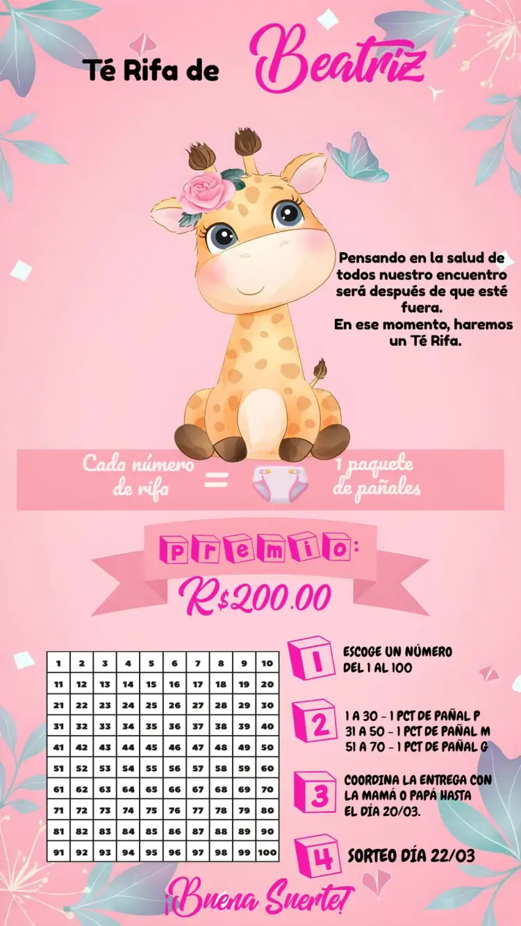 Invitación Té Rifa Jirafita Rosa – tema Té Rifa floral, delicado, infantil, colorido, moderno