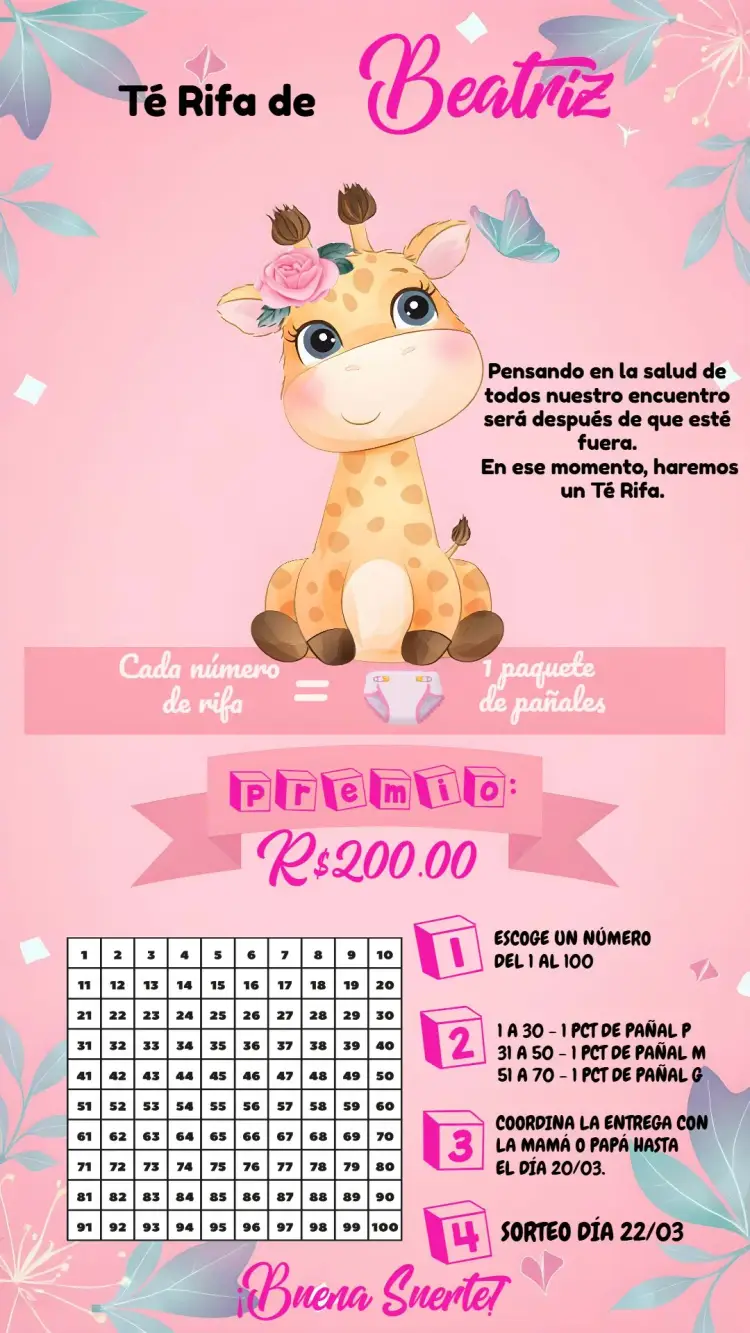 Invitación Té Rifa Jirafita Rosa