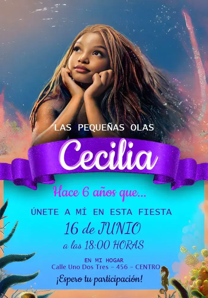 Invitación Ariel La Sirenita Negra Morada