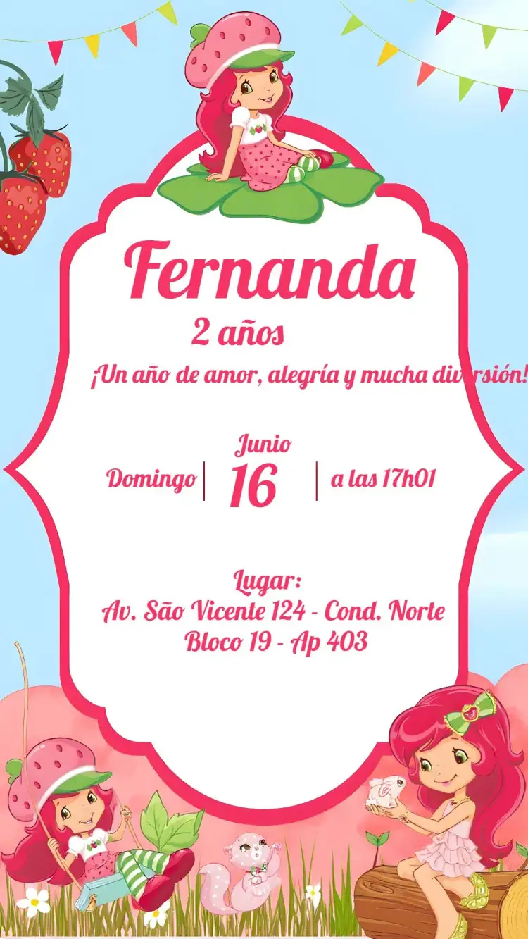 Invitación Fresa Moranguinho – tema Cumpleaños Infantil rosa, verde, infantil, lúdico, frutal, colorido