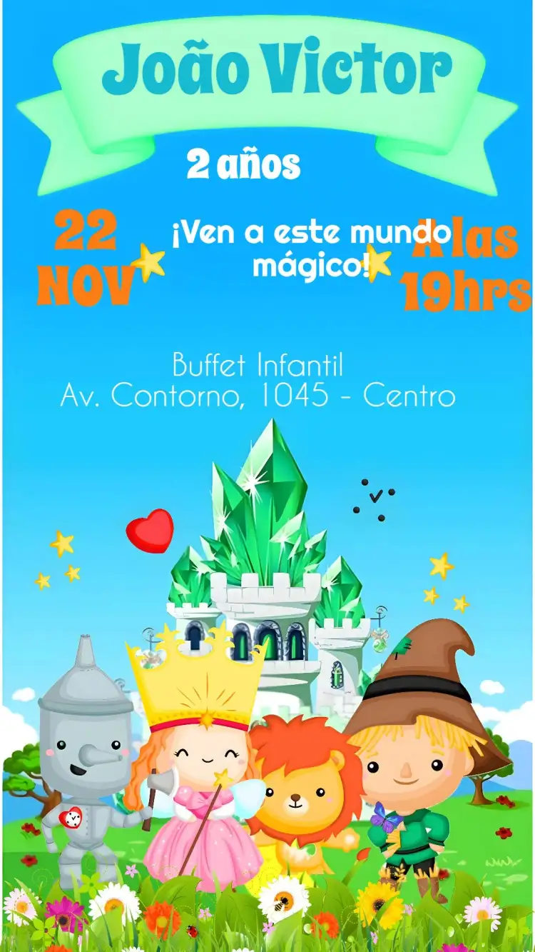 Invitación El Mago de Oz – tema Cumpleaños Infantil colorido, lúdico, fantasía, mágico, divertido