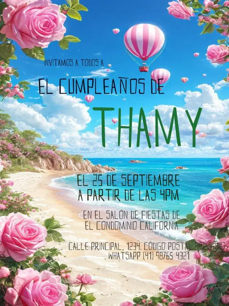 Invitación Globo Aerostático Para Editar – tema Cumpleaños Infantil lúdico, colorido, divertido, playa, globos aerostáticos, infantil
