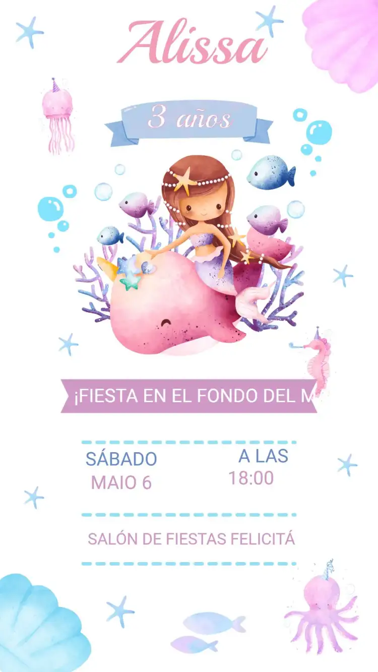 Invitación Cumpleaños Infantil Sirena Fondo del Mar