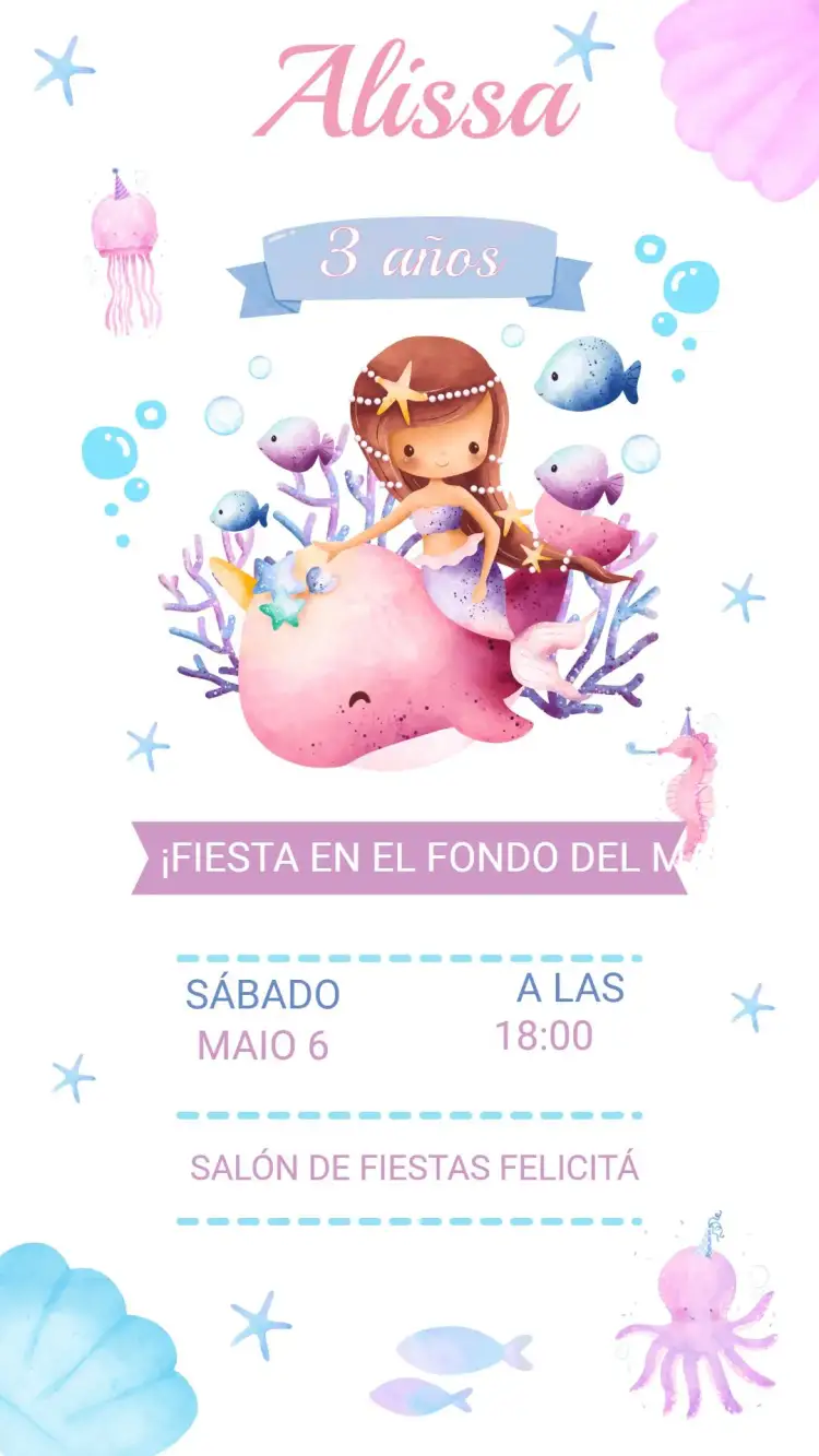 Invitación Invitación Cumpleaños Infantil Sirena Fondo del Mar – tema Cumpleaños Infantil colores vibrantes, estilo lúdico, elementos marinos, diseño colorido, tema de sirena, estilo divertido