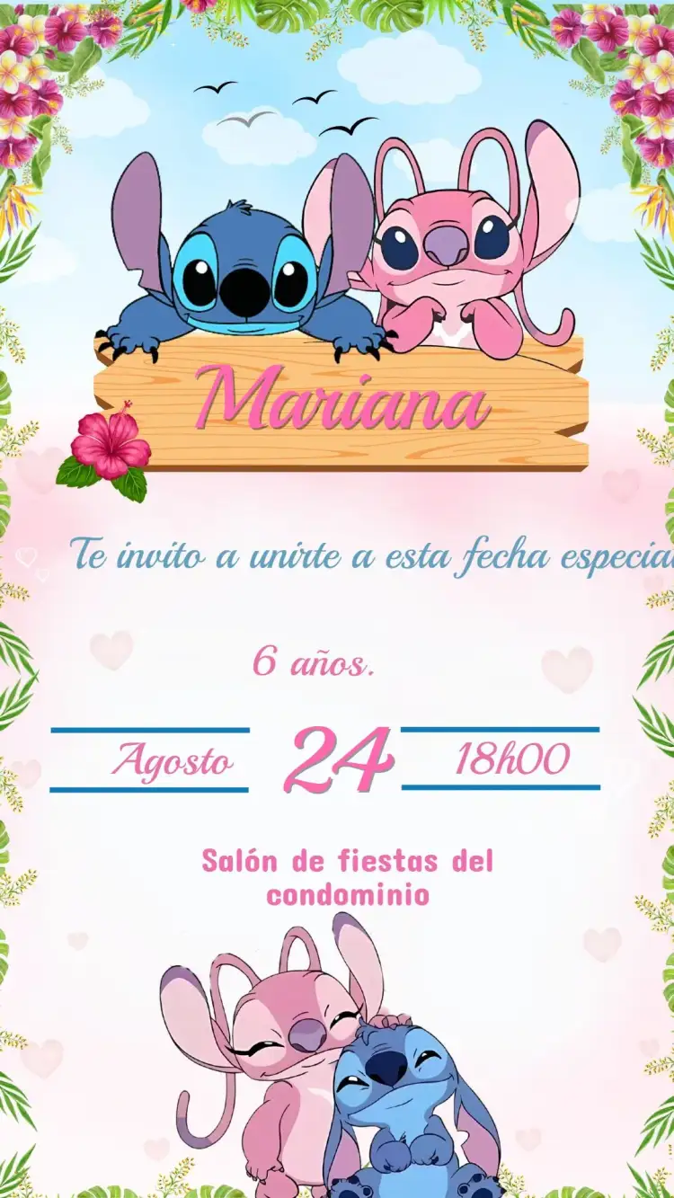 Invitación Invitación Cumpleaños STITCH – tema Cumpleaños Infantil colorido, divertido, lúdico, tropical, infantil, cartoon