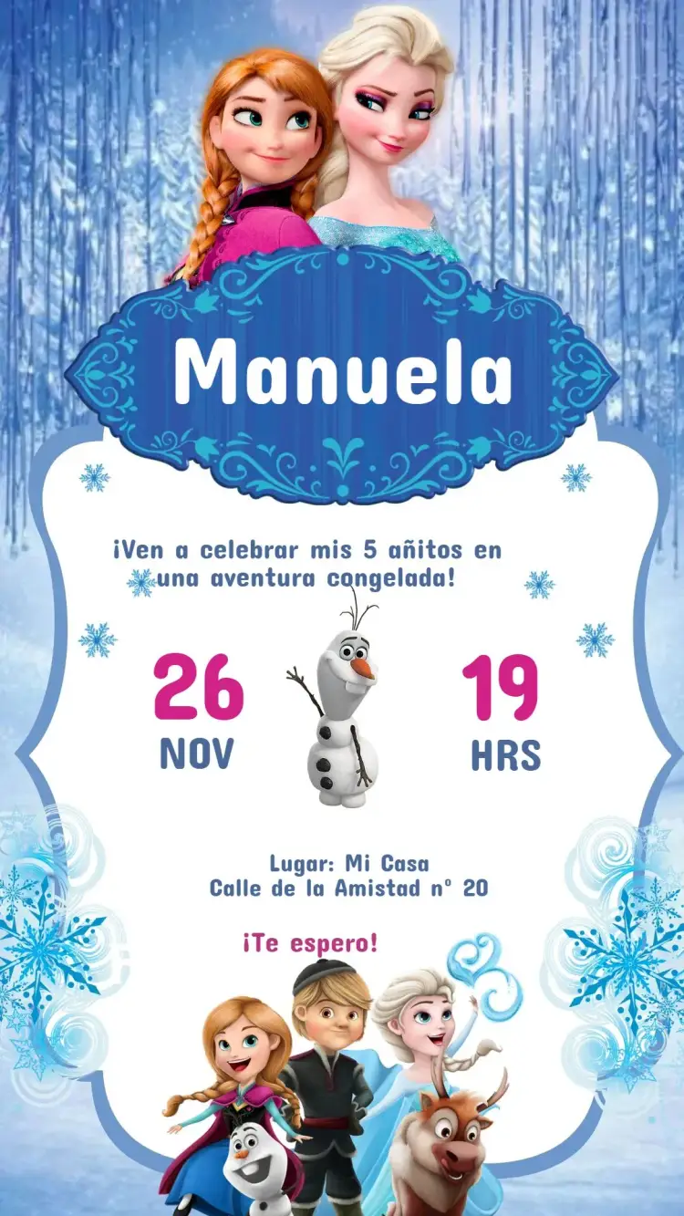 Invitación Digital Frozen Rosa y Azul Infantil Editable y Personalizada