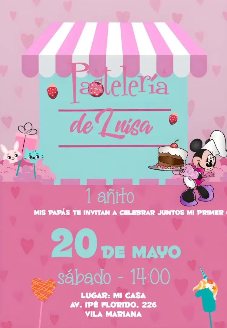 Invitación Pastelería De Minnie Mouse Cream – tema Cumpleaños Infantil colorido, lúdico, temático, infantil, doce, vibrante