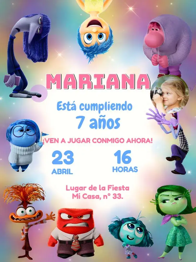 Invitación Aniversario Divertida Mente 2 Con Foto Pelicula – tema Fechas Conmemorativas colorido, divertido, temático, infantil, moderno
