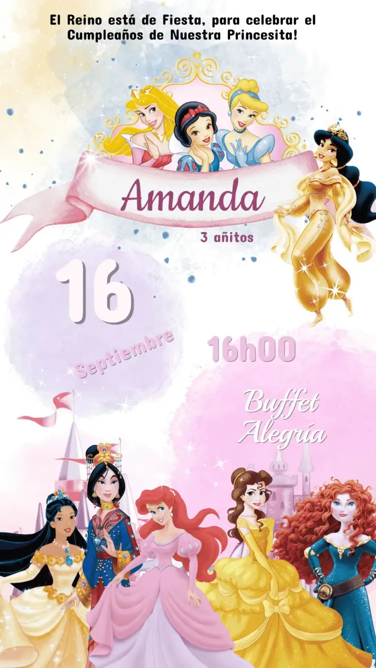Invitación Invitación Cumpleaños Princesas Disney – tema Cumpleaños Infantil colores pastel, estilo lúdico, elementos gráficos de princesas, diseño colorido, tema mágico, ilustraciones encantadoras