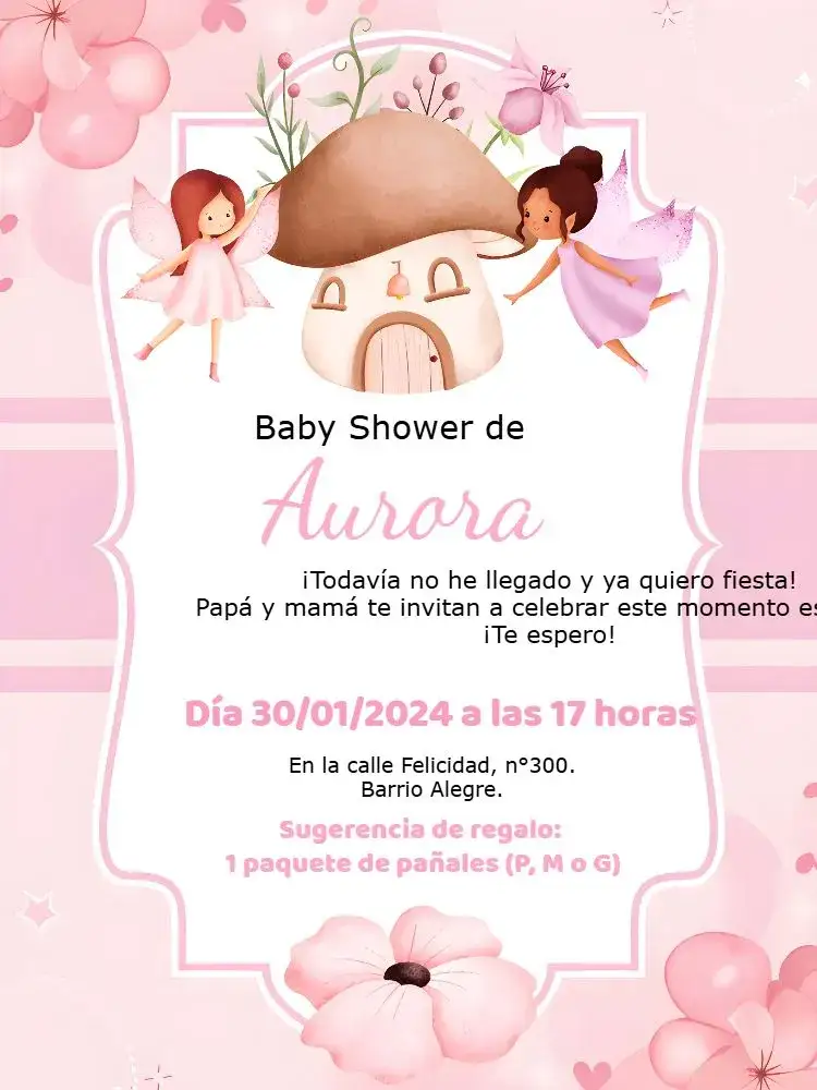 Invitación Baby Shower Rosa Bosque Hadas Bebé – tema Despedida de Soltera rosa, hadas, mágico, delicado, floral, encantado