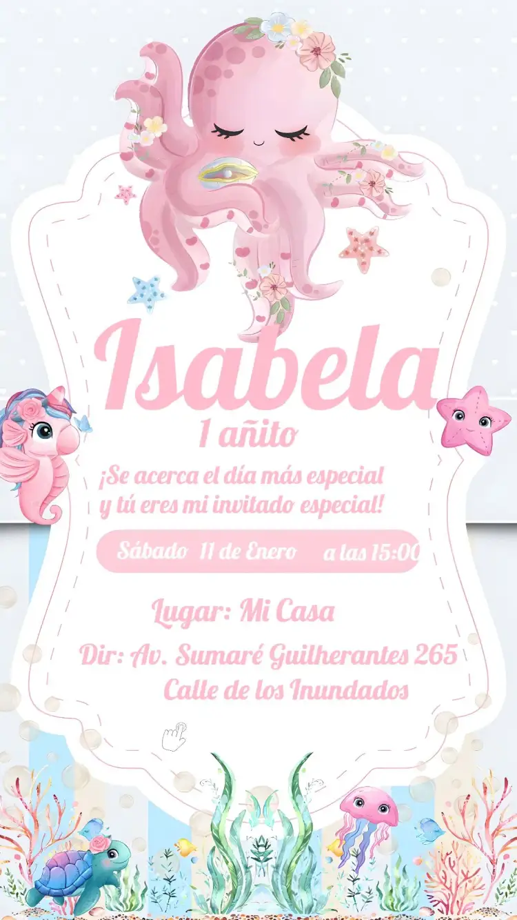 Invitación Fondo Del Mar Niña – tema Cumpleaños Infantil fondo marino, rosa delicado, azul marino, infantil, tema acuático, divertido