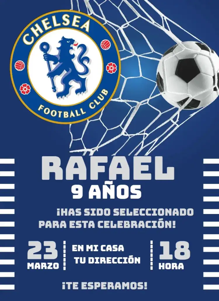 Invitación Chelsea 2 – tema Cumpleaños fútbol, azul y blanco, moderno, divertido, temático, deportivo
