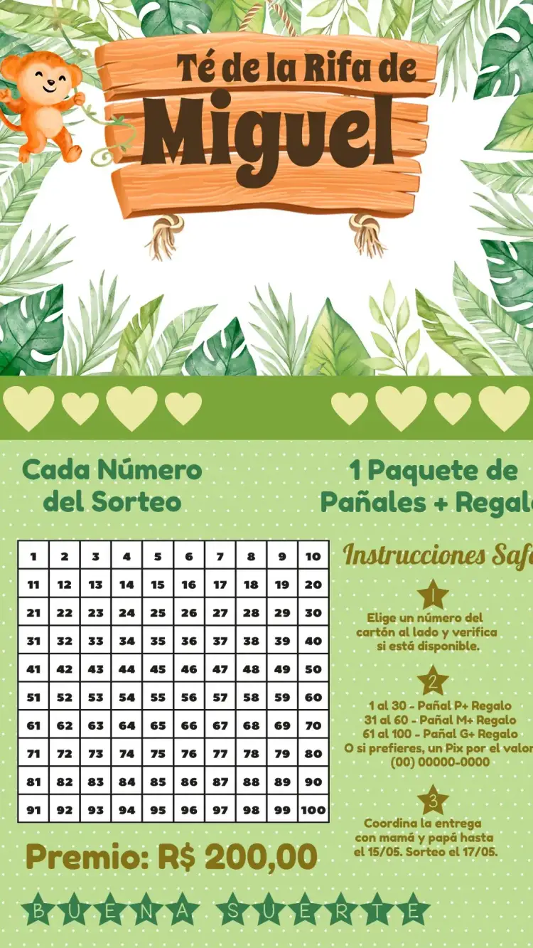 Invitación Té de Rifa Safari Selva – tema Más buscados safari, selva, animales, verde, dorado, blanco