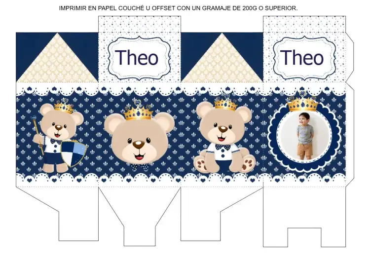 Invitación Cartón de Leche Para Imprimir Osito Príncipe Con Foto Blanco – tema Más buscados azul y blanco, dorado, oso de peluche, príncipe, divertido, moderno