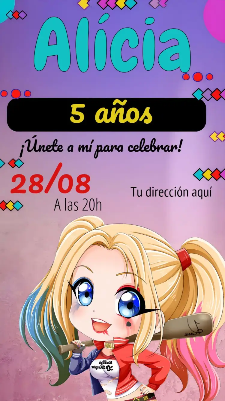 Invitación Harley Quinn Joker – tema Cumpleaños Infantil colorido, divertido, temático, moderno, jovial