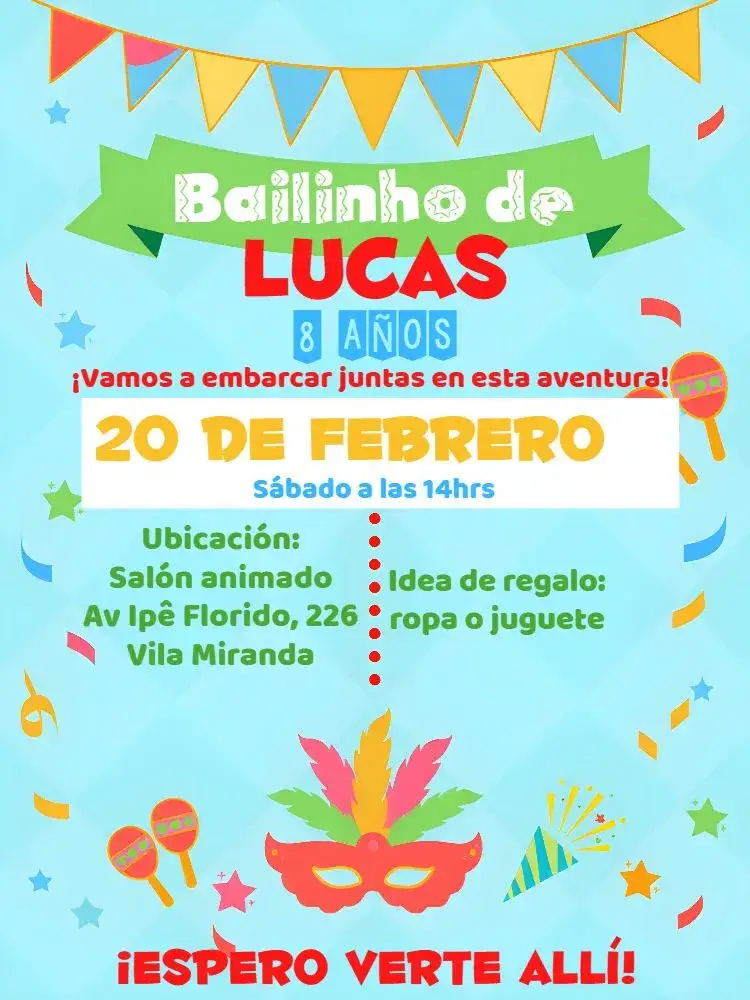 Invitación Baile de Carnaval Máscaras – tema Fechas Conmemorativas colorido, festivo, temático, divertido, vibrante