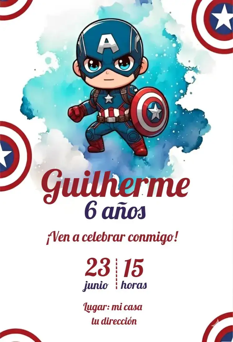 Invitación Capitán América juguete acuarela – tema Cumpleaños Infantil acuarela, superhéroes, colorido, divertido, temático