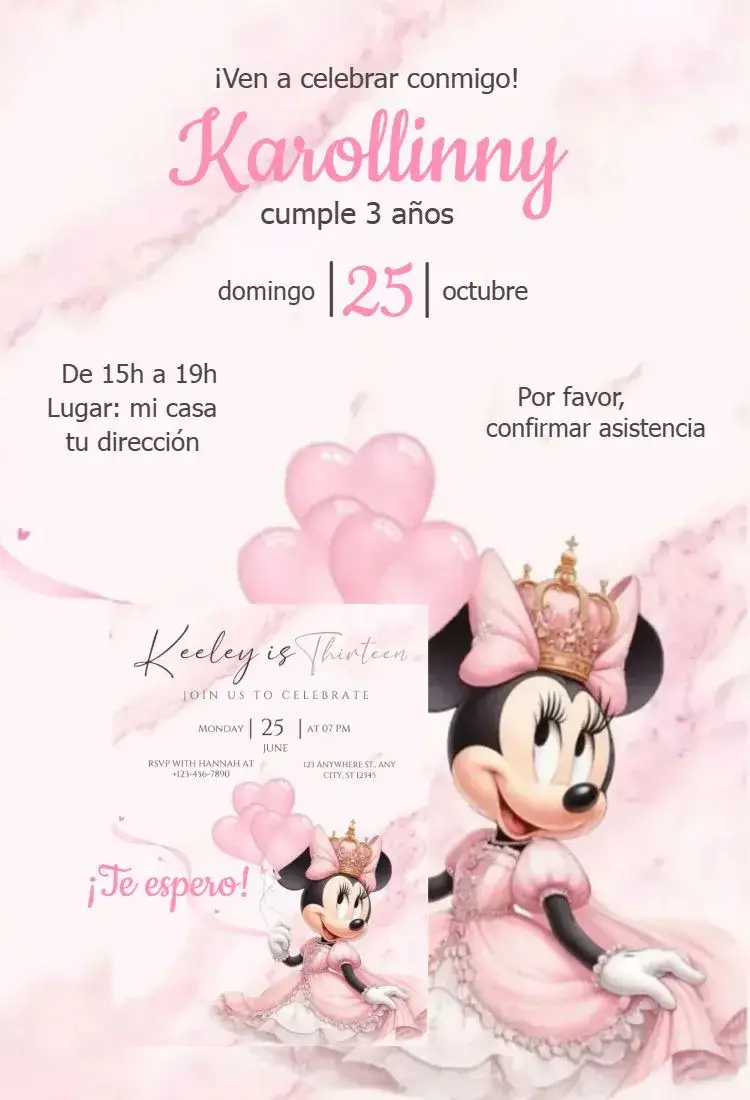 Invitación Minnie Realeza – tema Cumpleaños rosa, acuarela, realeza, princesa, divertido, infantil