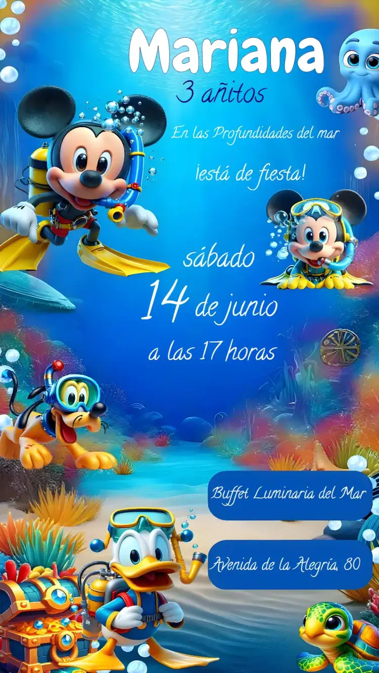 Invitación Mickey Mouse Fondo Del Mar Minnie – tema Cumpleaños Infantil fondo marino, colorido, Disney, infantil, temático