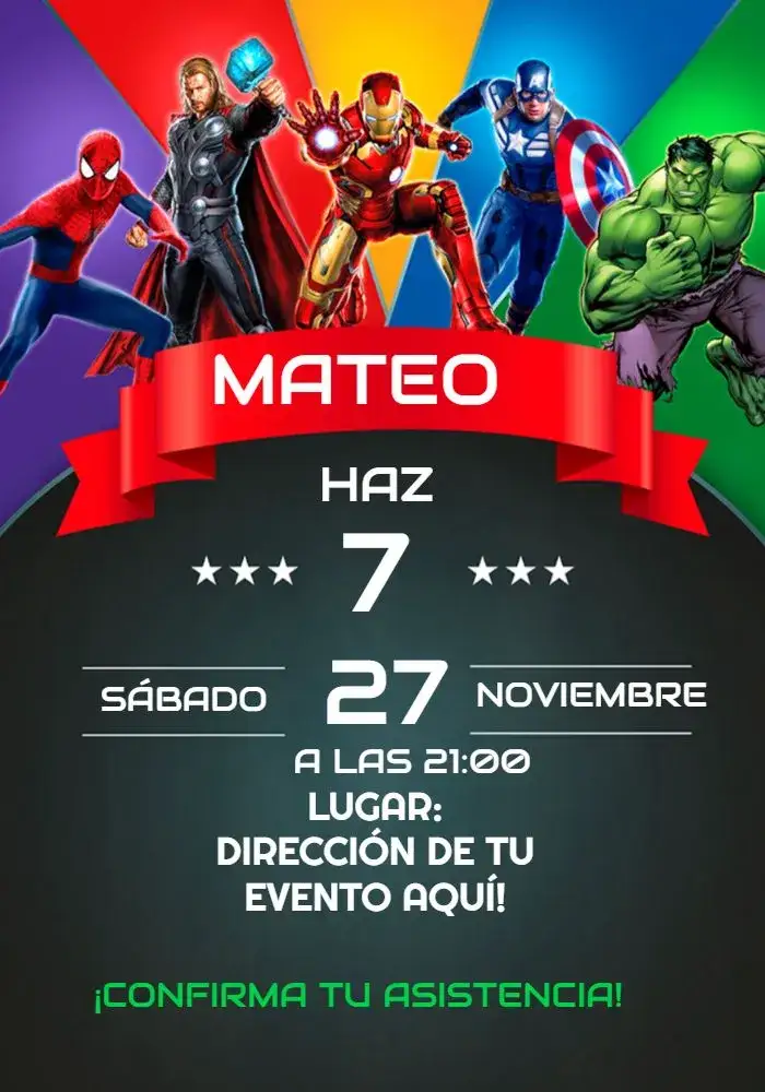Invitación Superhéroe Niño – tema Cumpleaños Infantil moderno, colorido, temático, dinámico, aventura, superhéroes