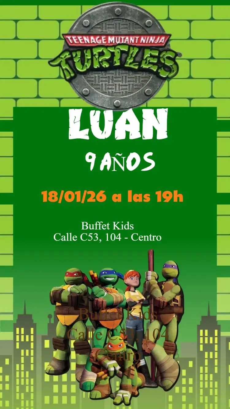 Invitación Tortugas Ninja – tema Cumpleaños Infantil colorido, divertido, joven, aventura, ilustraciones animadas