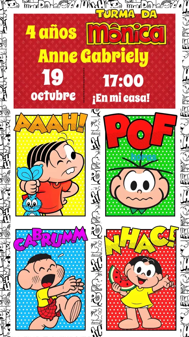 Invitación Turma de Mónica – tema Cumpleaños Infantil colorido, divertido, infantil, ilustraciones animadas, moderno, temático