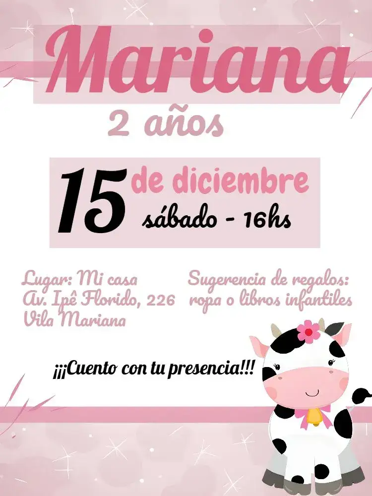 Invitación Vaquita Rosa Marrón – tema Fechas Conmemorativas granja, rústico, colores pasteles, vintage, animales, infantil