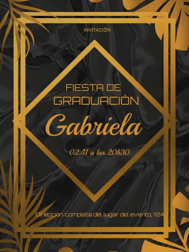 Invitación Graduación de Enseñanza – tema Graduación dorado, elegante, moderno, hojas verdes, negro, minimalista