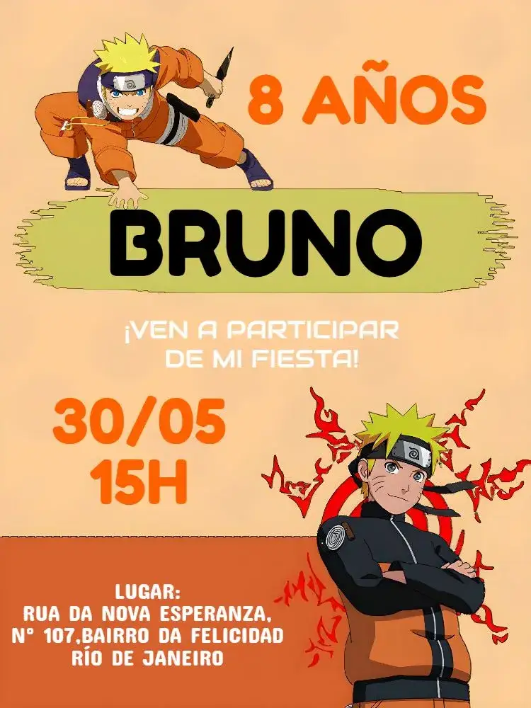 Invitación Naruto Naranja – tema Cumpleaños Infantil anime, colorido, divertido, temático, infantil, moderno