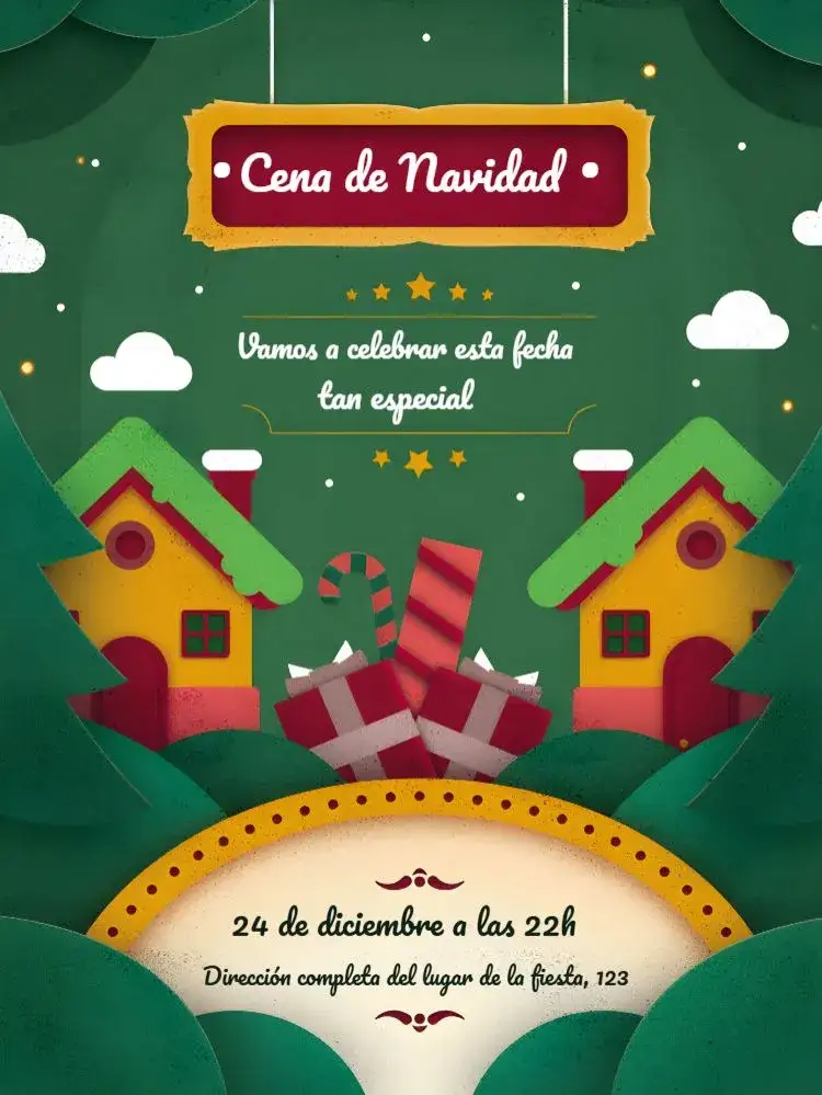 Invitación Fiesta de Navidad – tema Fechas Conmemorativas rojo y verde, vintage, moderno, dorado, minimalista, temático