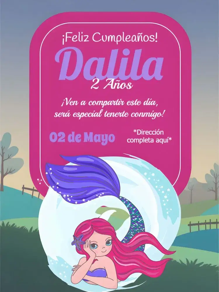 Invitación Sirena Especial – tema Más buscados colores del mar, diseño lúdico, elementos gráficos de sirena, estilo infantil, vibrante y colorido, fondo marino