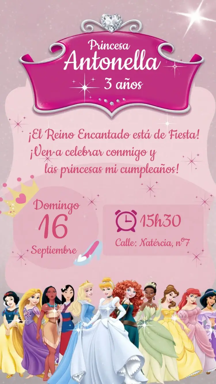 Invitación Las Princesas De Disney en Rosa
