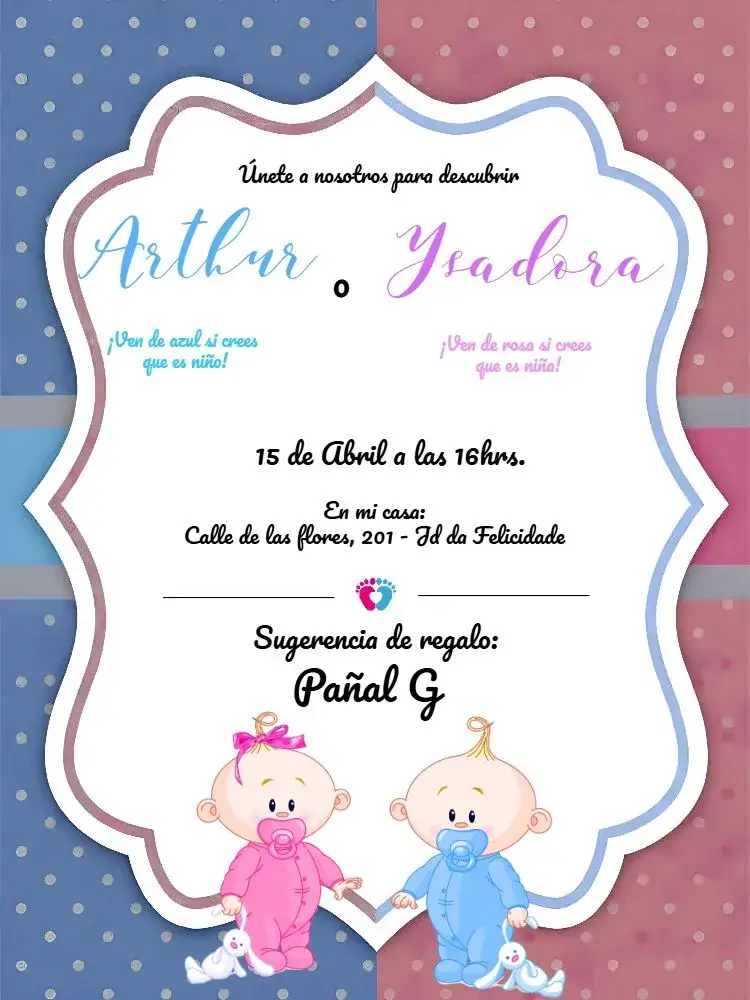 Invitación Chá de Revelación Niño o Niña Azul – tema Revelación Bebé azul, moderno, lúdico, divertido, minimalista