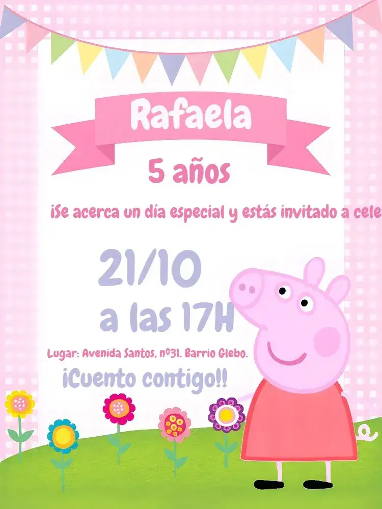 Invitación Peppa Pig Infantil – tema Más buscados rosa, divertido, infantil, colorido, lúdico, personajes
