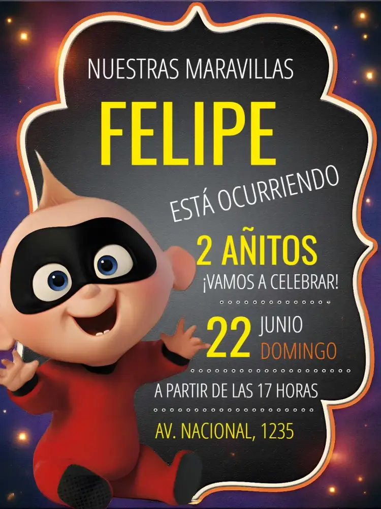 Invitación Los Increíbles Naranja – tema Más buscados vibrante, divertido, moderno, temático, colorido, infantil
