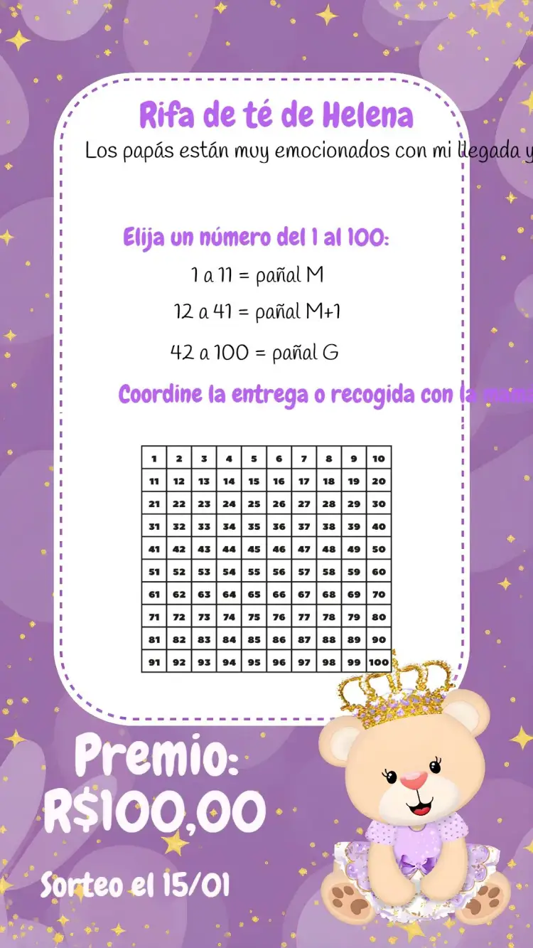 Invitación Baby Shower Raffle / Princess Lilac Teddy Bear Diaper Prize – tema Baby Shower lila, princesa, osita, divertido, infantil, romántico