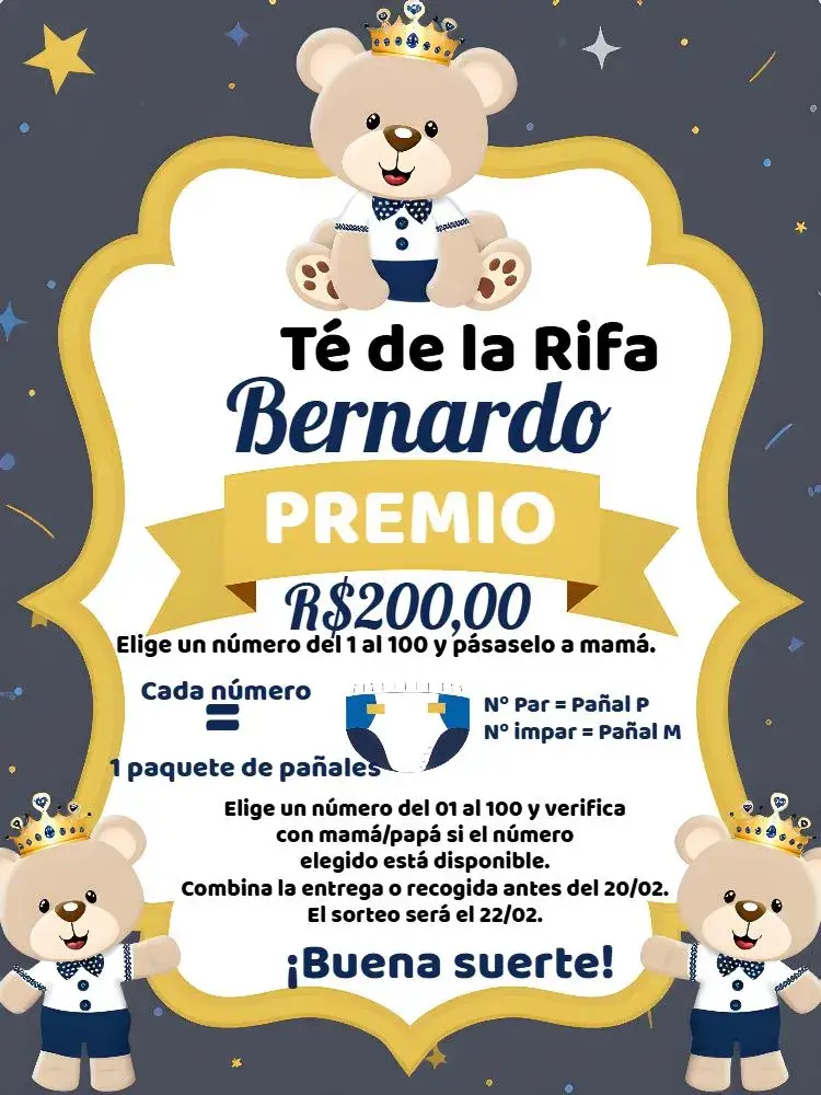 Invitación Té Rifa Osito Príncipe Bebé – tema Té Rifa azul, dorado, oso de peluche, moderno, infantil, lúdico