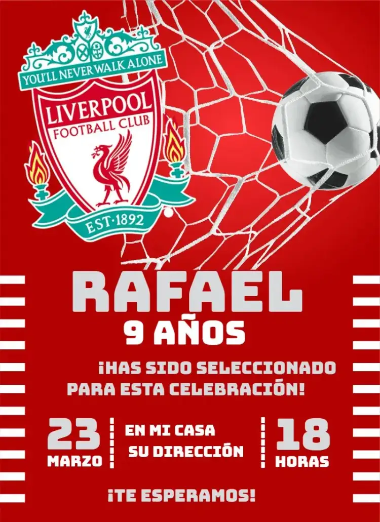 Invitación Anfield 1 – tema Cumpleaños fútbol, rojo y blanco, moderno, joven, dinámico