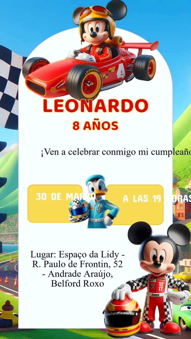 Invitación Invitación Cumpleaños Mickey Aventura Sobre Ruedas IA – tema Cumpleaños Infantil colorido, divertido, aventura, infantil, moderno