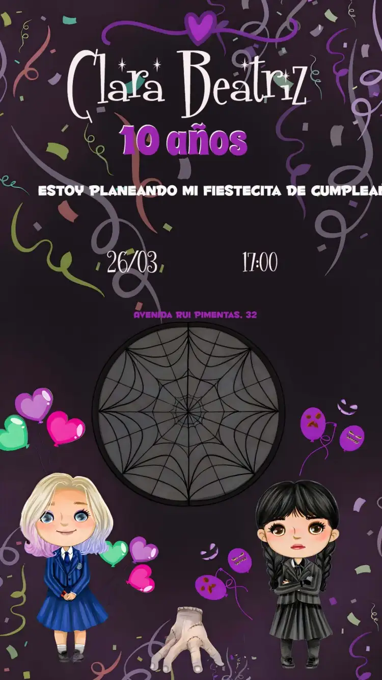 Invitación Wandinha Addams Los – tema Fechas Conmemorativas blanco y negro, morado, vintage, temático, moderno, divertido