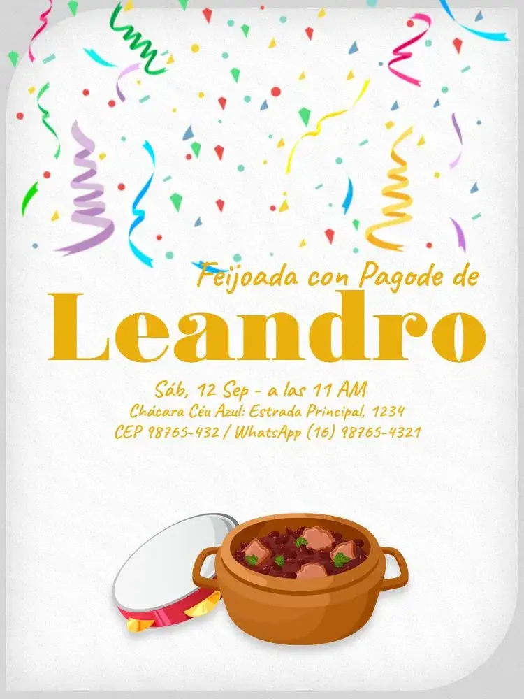 Invitación Feijoada Con Pagode Comida – tema Cumpleaños Infantil colorido, festivo, brasileño, divertido, tropical, alegre
