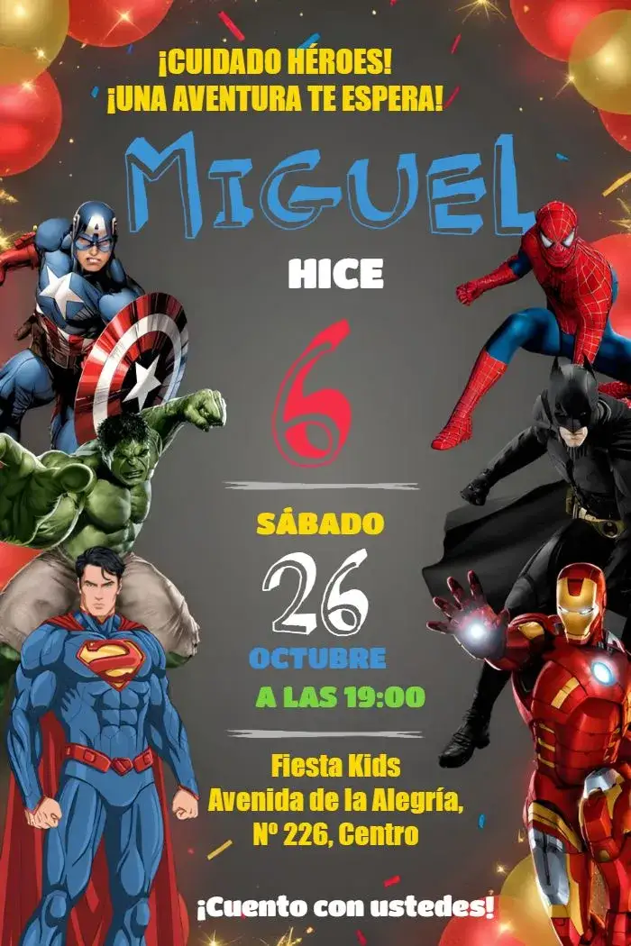Invitación Vengadores Capitán – tema Más buscados colorido, moderno, temático, divertido, vibrante
