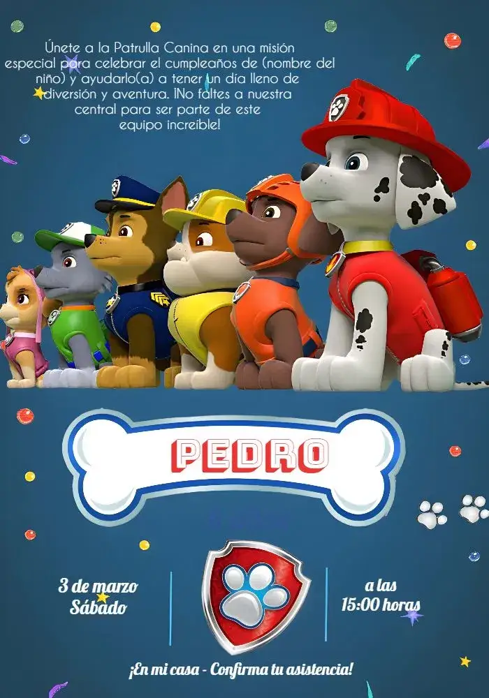 Invitación Patrulla Canina Png – tema Cumpleaños Infantil azul, divertido, infantil, temático, colorido, moderno