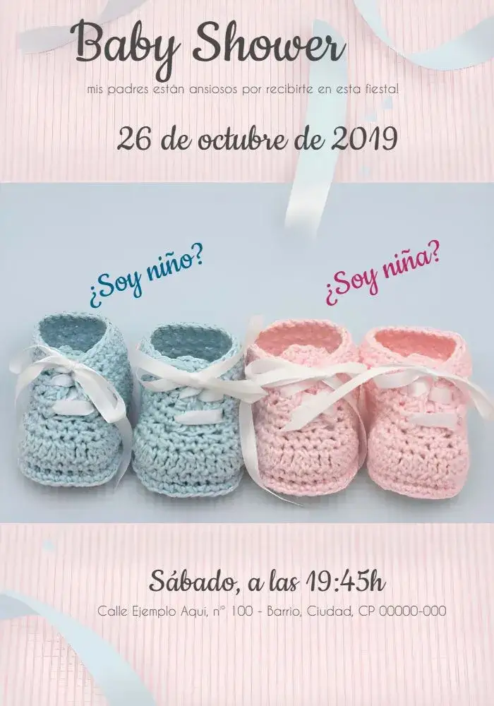 Invitación Baby Reveal Tea Boy or Girl Delicate – tema Revelación Bebé delicado, minimalista, azul y rosa, sapatinhos, moderno