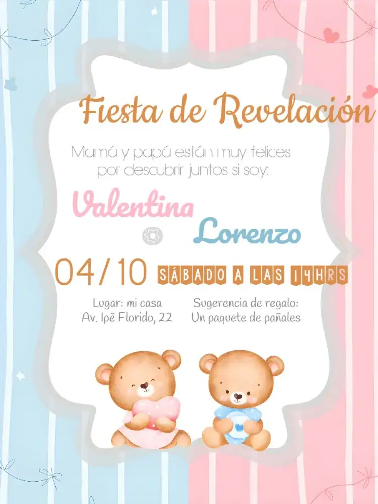 Invitación Baby Shower de Ositos Ositas – tema Revelación Bebé osos de peluche, rosa y azul, infantil, divertido, moderno