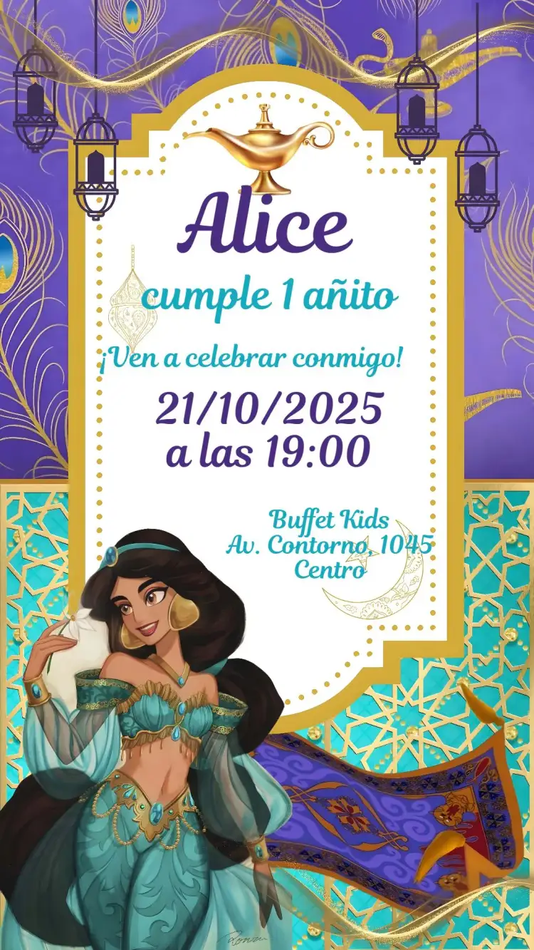 Invitación Jazmín – tema Cumpleaños Infantil oriental, fantasía, cuento